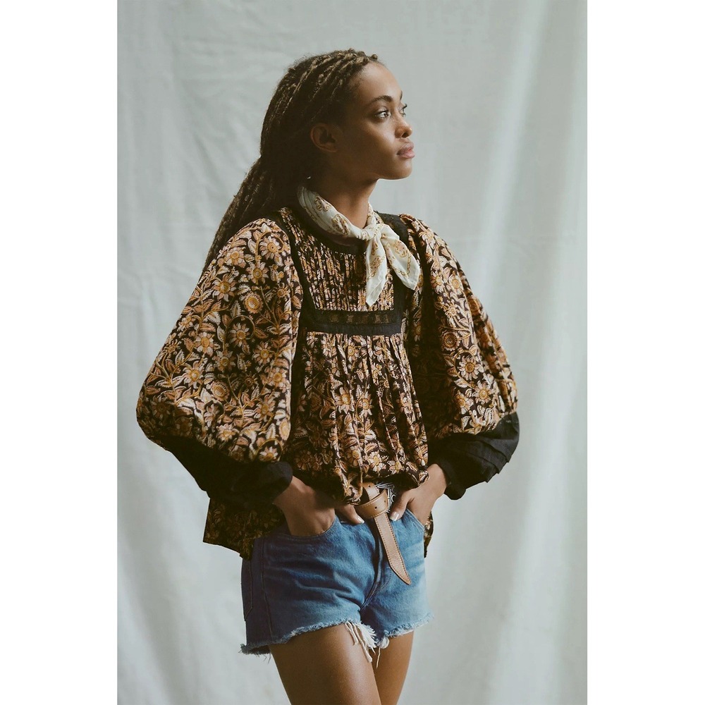 Anthro Cleobella Floral Long Sleeve Blouse Top Black Multi Boho Peasant Sz XS